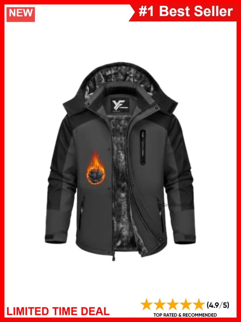 Magnetic Placket Insulated Fleece Lined Ski Jacket Waterproof Windbreaker